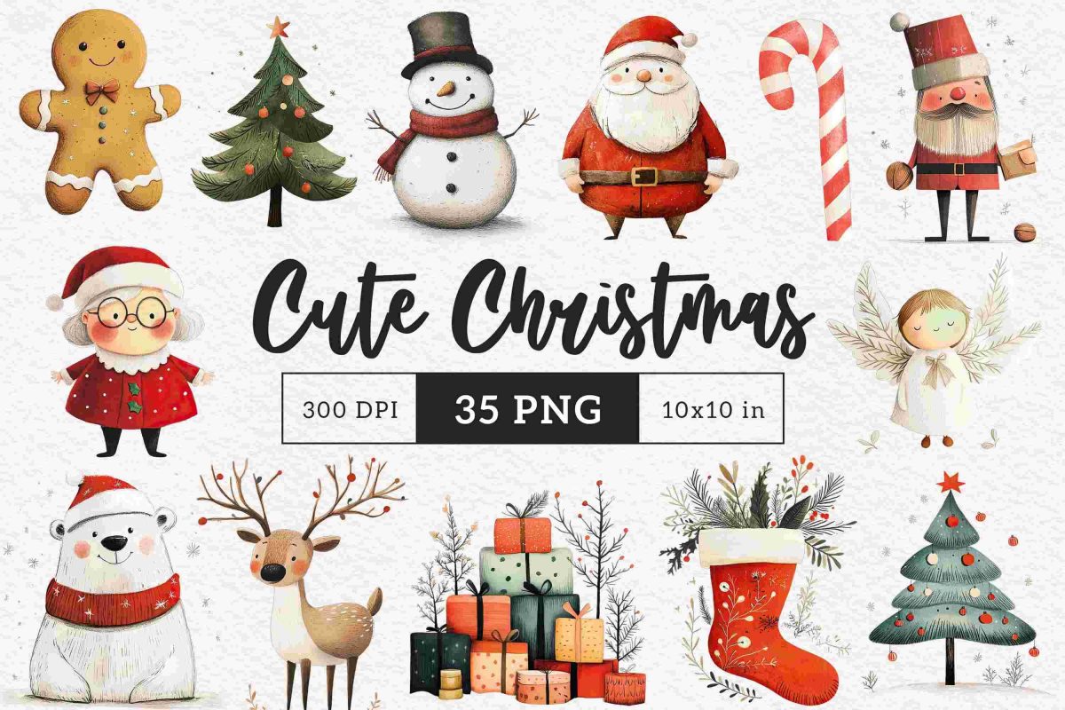 Scandi Christmas clipart Watercolor Nordic Holiday PNG Cute Christmas characters minimal Sublimation Xmas Junk Journal Santa Snowman Angel