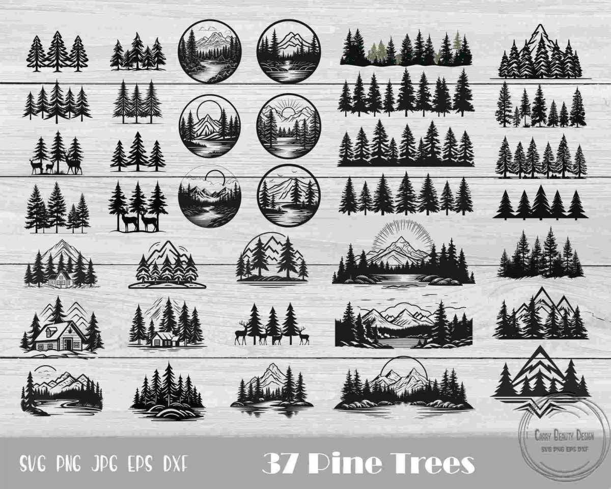 Silhouette Pine Tree Svg Png Bundle for Instant Download