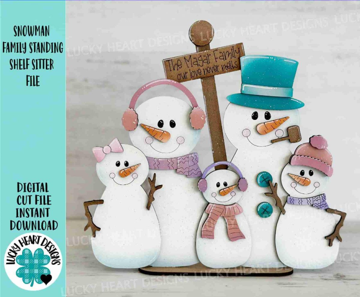 Snowman Family Standing Shelf Sitter File SVG, Glowforge Snowmen Personalized Winter Decor LuckyHeartDesignsCo