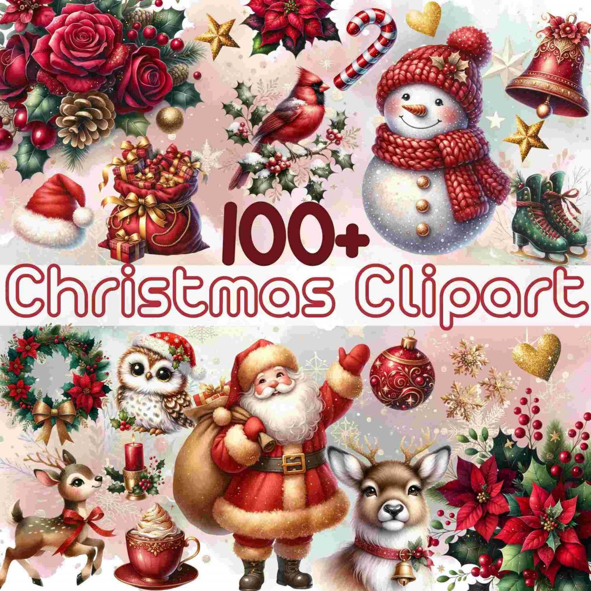 Sparkling Red Gold Christmas Clipart Bundle with Glitter Snowman