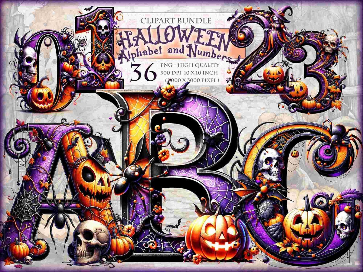 Spooky Alphabet Numbers Clipart Bundle 36 HighQuality SVGPNG Images