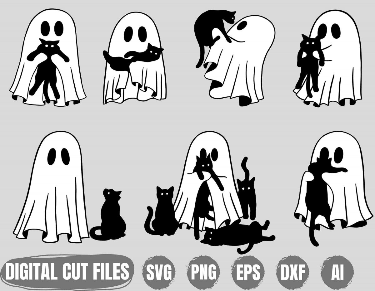 Spooky Black Cat Cute Ghost SVG for Halloween Funny Clipart Vectors