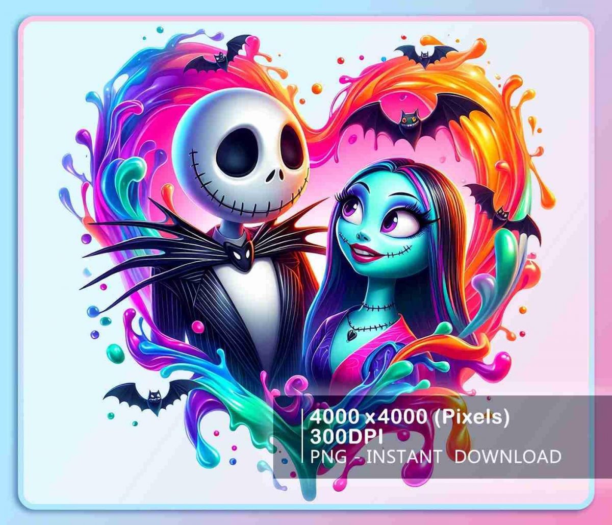 Spooky Couple in Colorful Heart Jack and Sally Halloween Designs