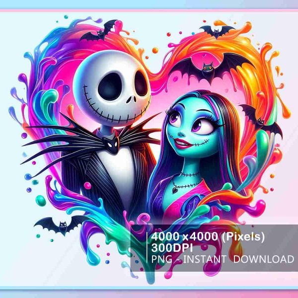 Spooky Couple in Colorful Heart Jack and Sally Halloween Designs