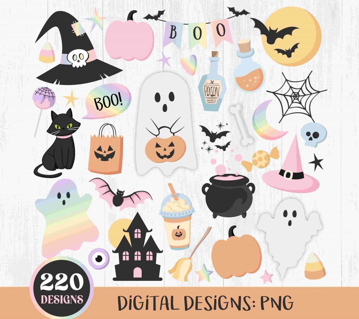 Spooky Cute Halloween Clipart Pastel Iridescent Holographic Ghosts