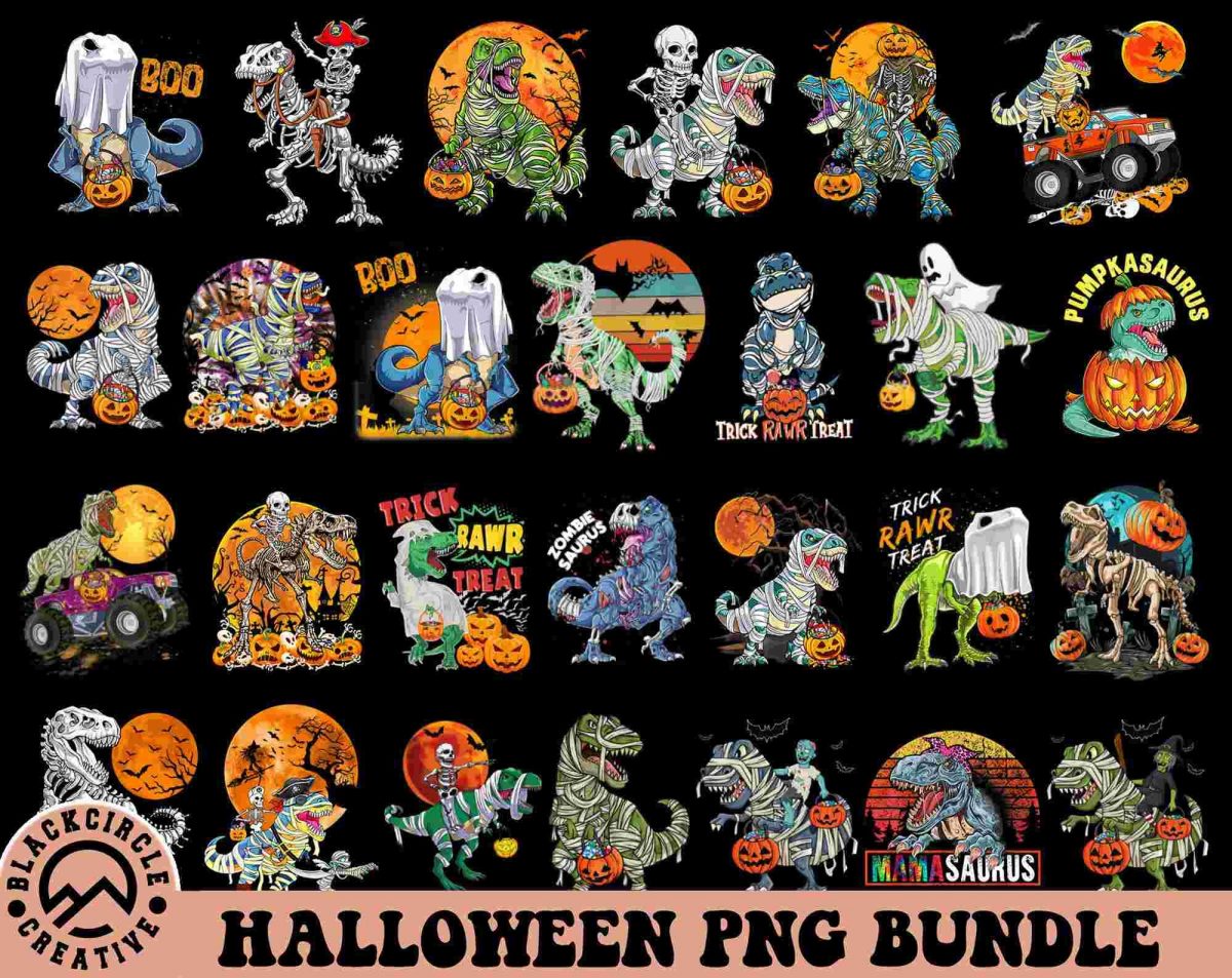 Spooky Dinosaur Halloween Bundle Trex Kid Skeleton Mummy Pngs