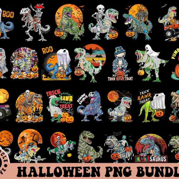 Spooky Dinosaur Halloween Bundle Trex Kid Skeleton Mummy Pngs