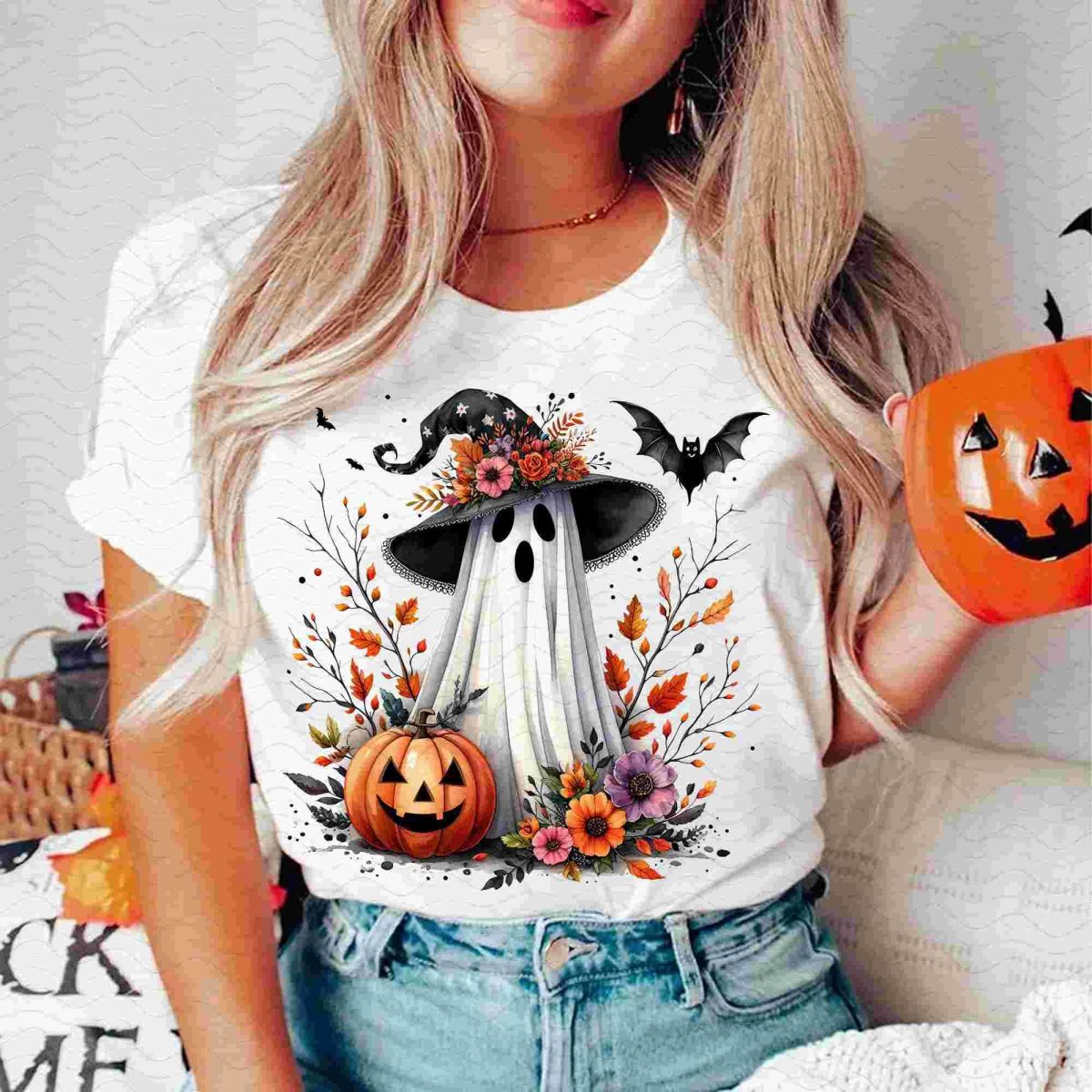 Spooky Ghost Halloween PNG Sublimation Design for Fall with Pumpkins