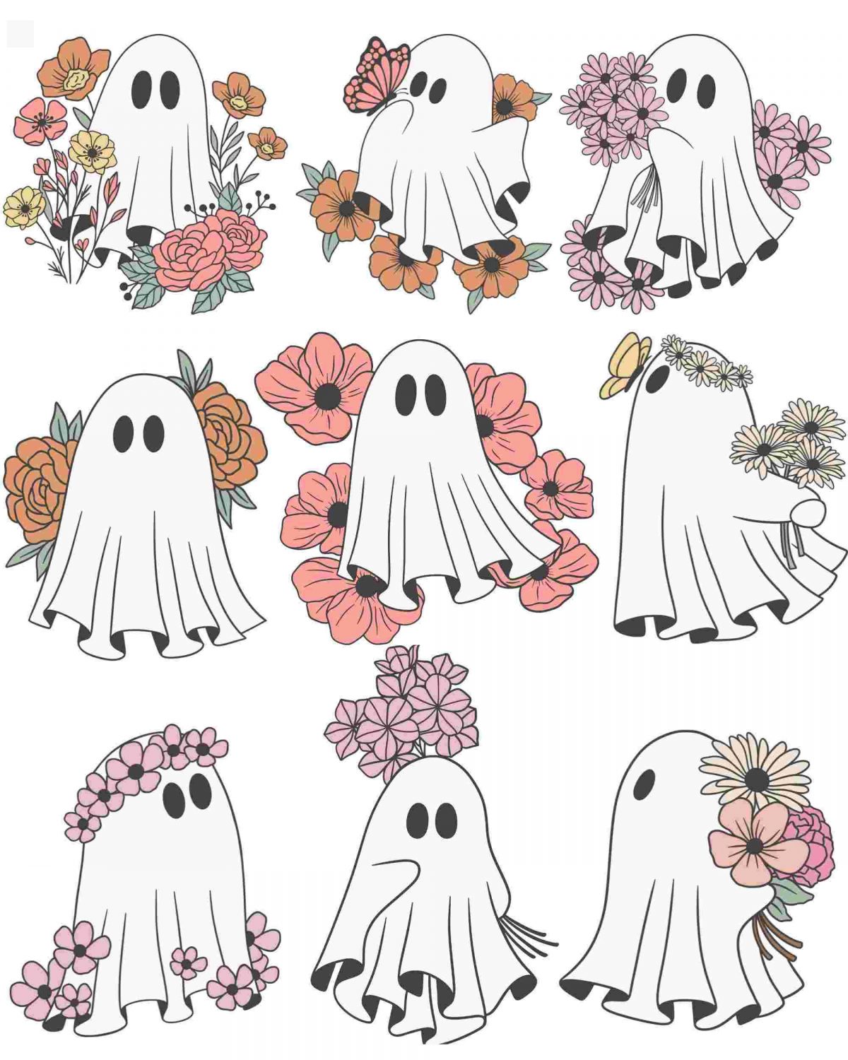 Spooky Girly Flower Ghosts Bundle PNG SVG Cricut Silhouette Halloween