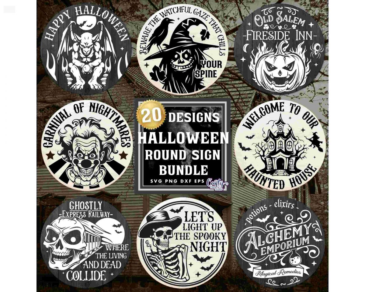 Spooky Halloween Bundle Round SVG PNG Door Hanger Sign