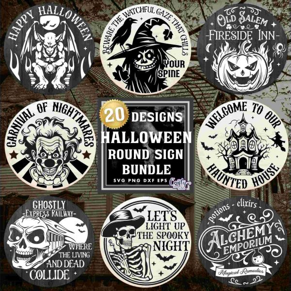 Spooky Halloween Bundle Round SVG PNG Door Hanger Sign