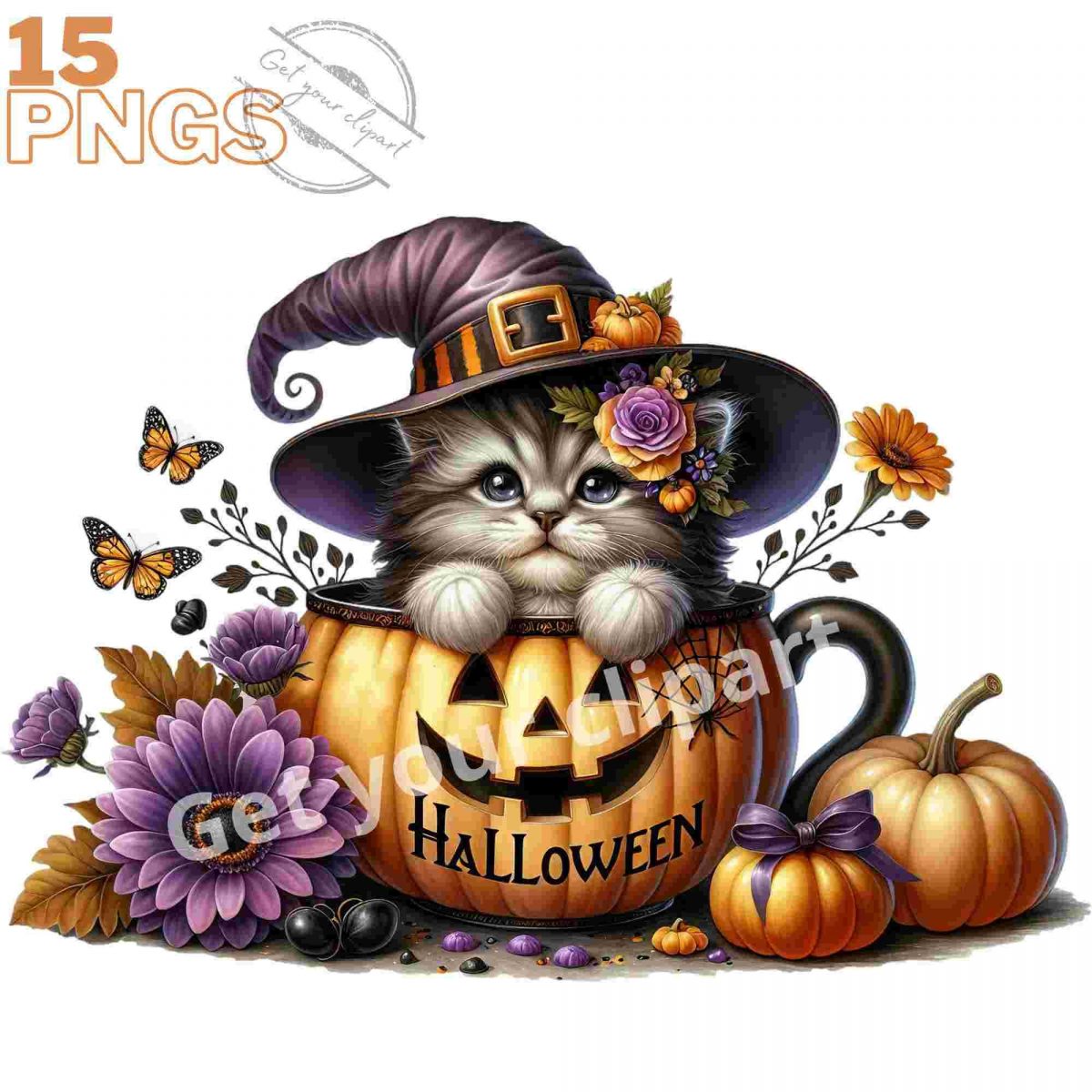 Spooky Halloween Cat Clipart Bundle PNG Graphics for Commercial Use