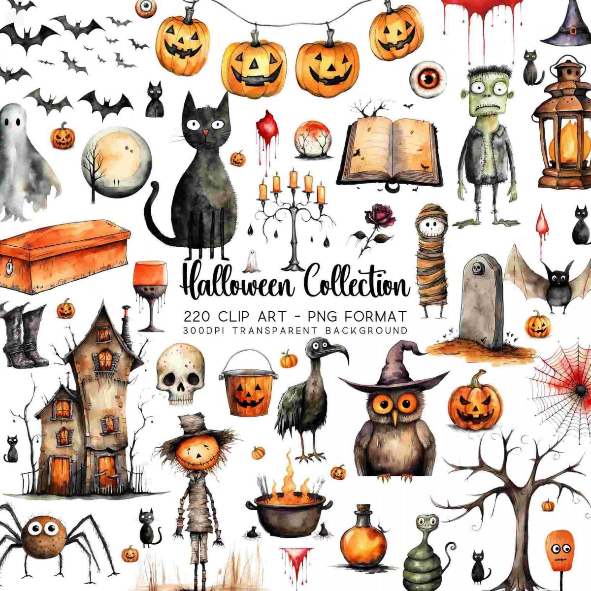 Spooky Halloween Clipart Bundle 230 Watercolour Graphics SVGPNG Decor