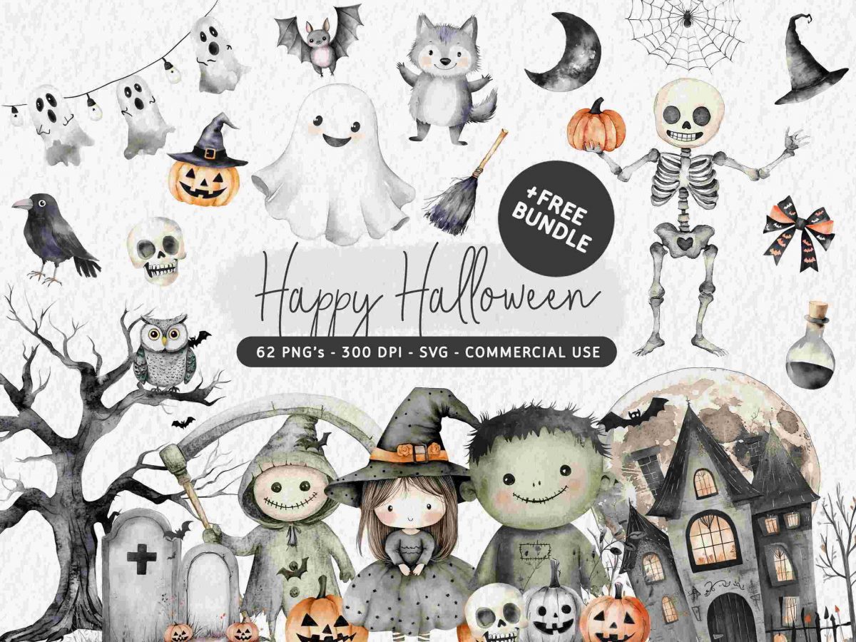 Spooky Halloween Clipart Bundle Watercolor Happy Halloween Art Ghost