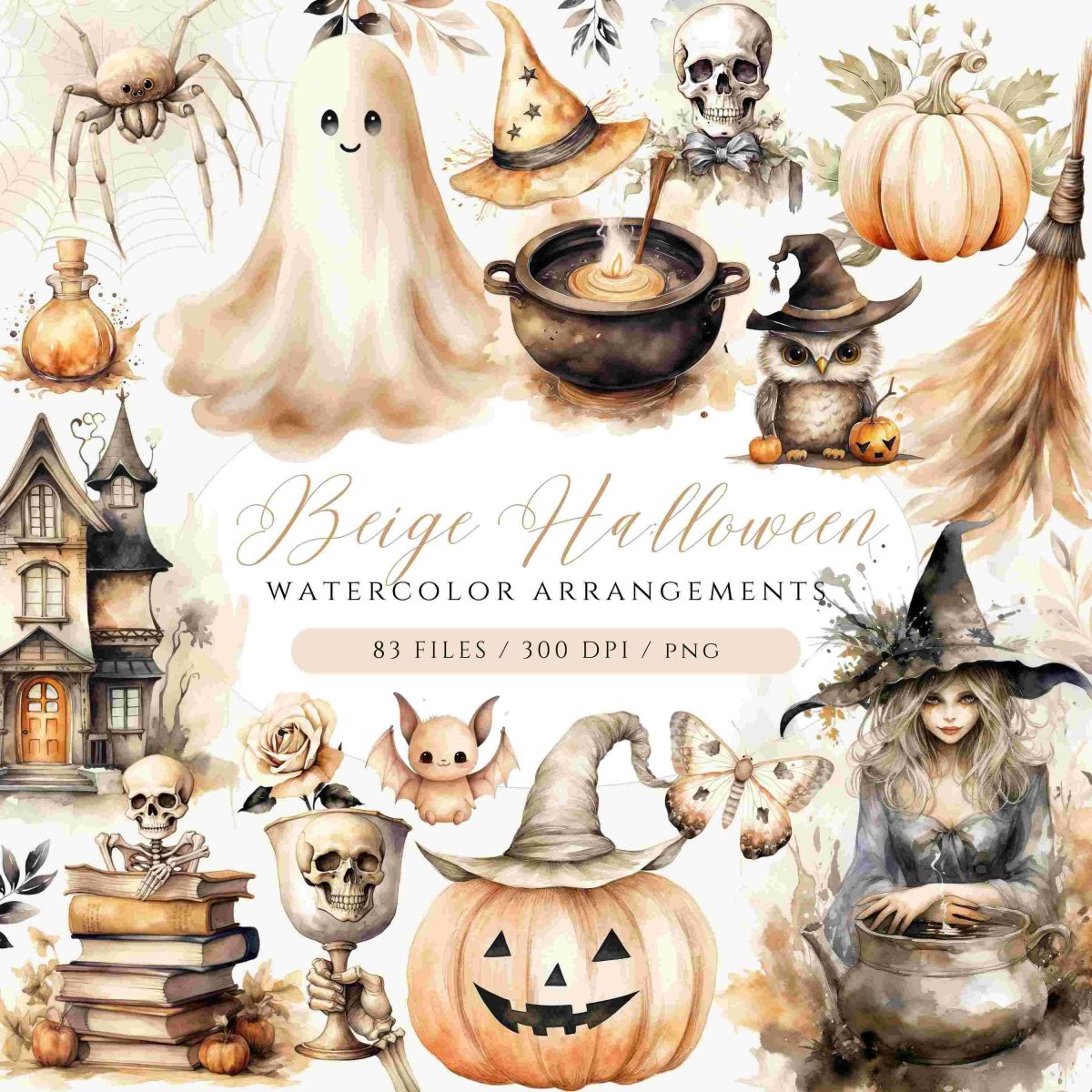 Spooky Halloween Clipart Watercolor Beige Witch Ghost Spider Bat