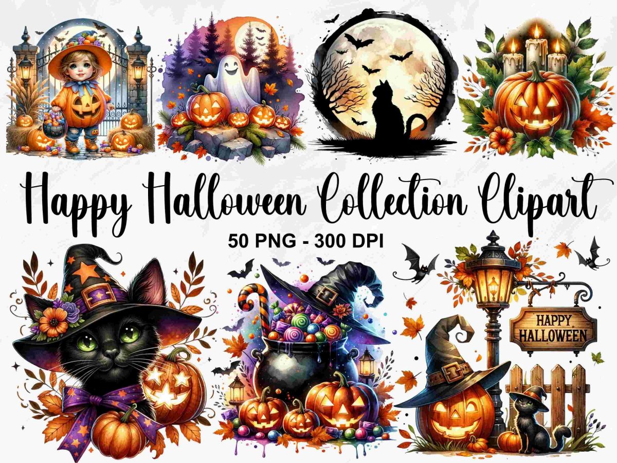 Spooky Halloween Collection Watercolor Clipart Set 50 PNG Images for