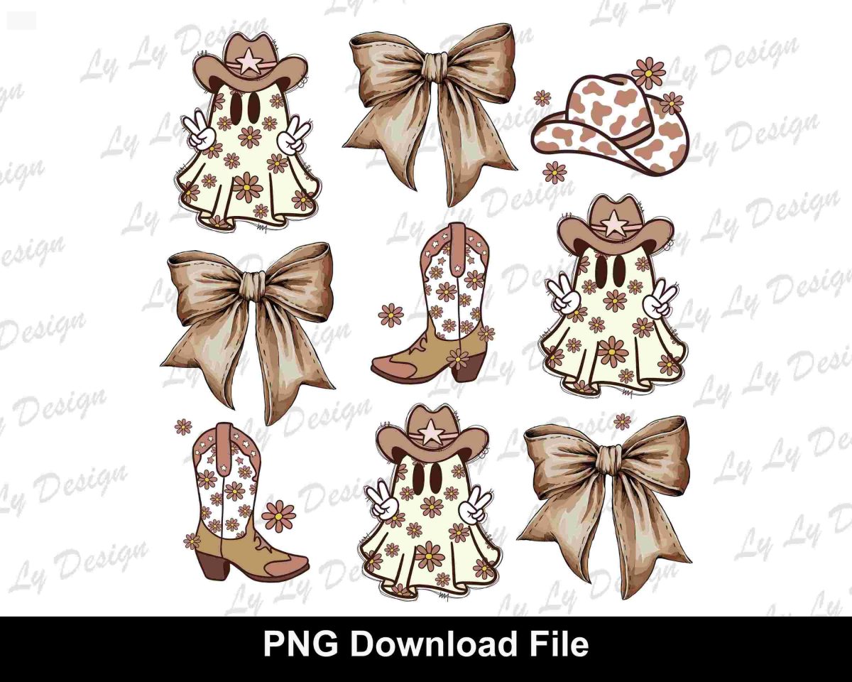 Spooky Halloween Cowboy Ghost Coquette Bow SVG PNG Designs