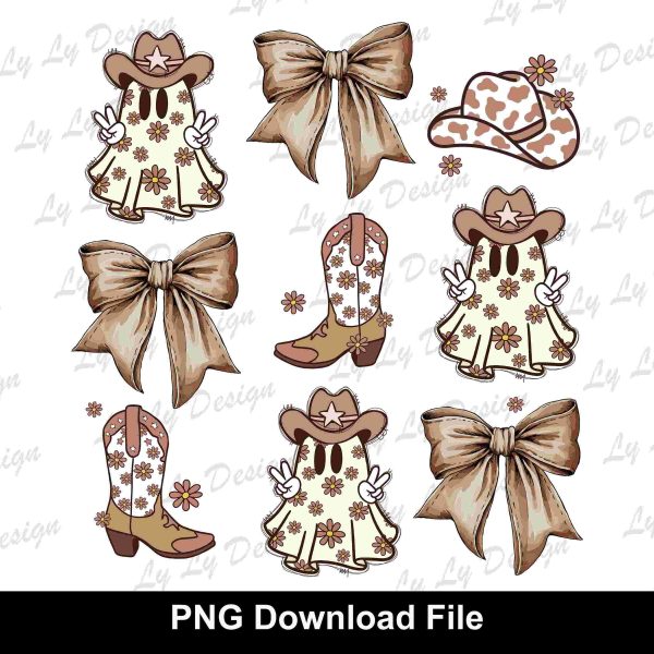 Spooky Halloween Cowboy Ghost Coquette Bow SVG PNG Designs