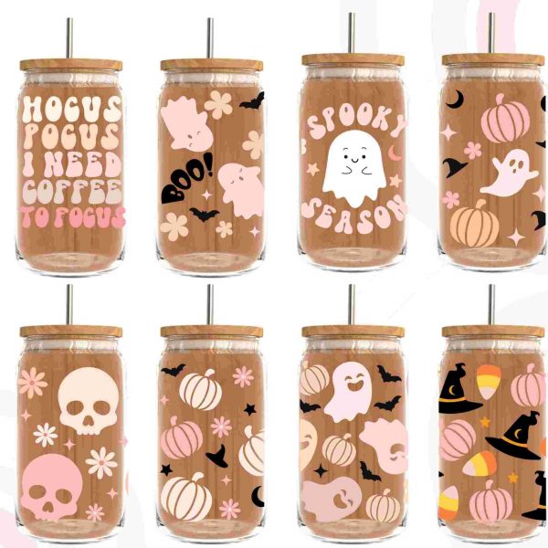 Spooky Halloween Designs 8 svg Glass Wraps Bundle Ghost Beer Can