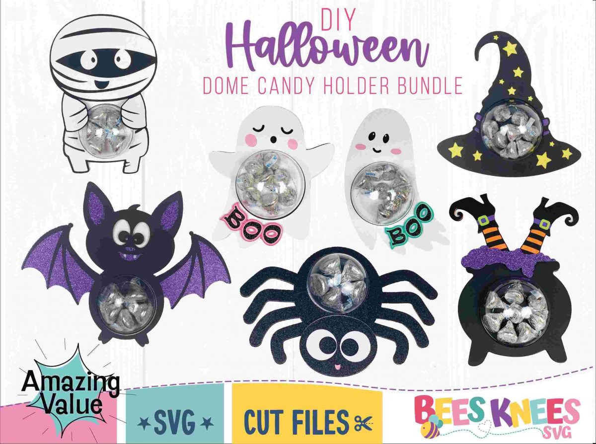 Spooky Halloween Dome Candy Holder Svg with Ghost Witch Bat Spider