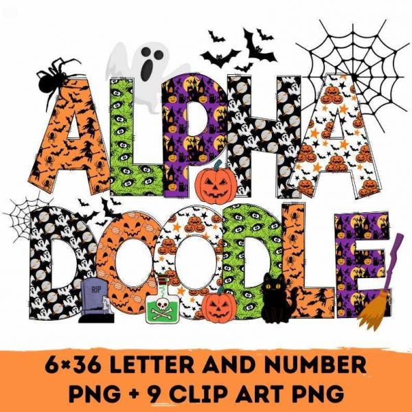 Spooky Halloween Doodle Alphabet Bundle with PNG Clip Art Files