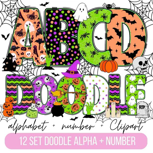 Spooky Halloween Doodle Alphabet Bundle with PNG Files