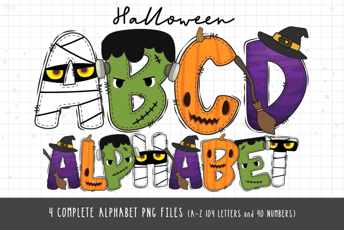 Spooky Halloween Doodle Alphabet Bundle with Witch Pumpkin