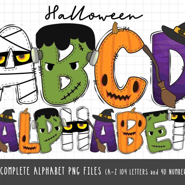 Spooky Halloween Doodle Alphabet Bundle with Witch Pumpkin