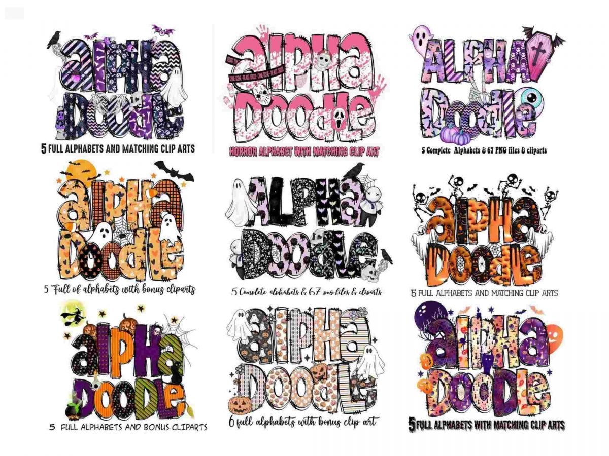 Spooky Halloween Doodle Bundle with Clip Art PNGs for Custom Names