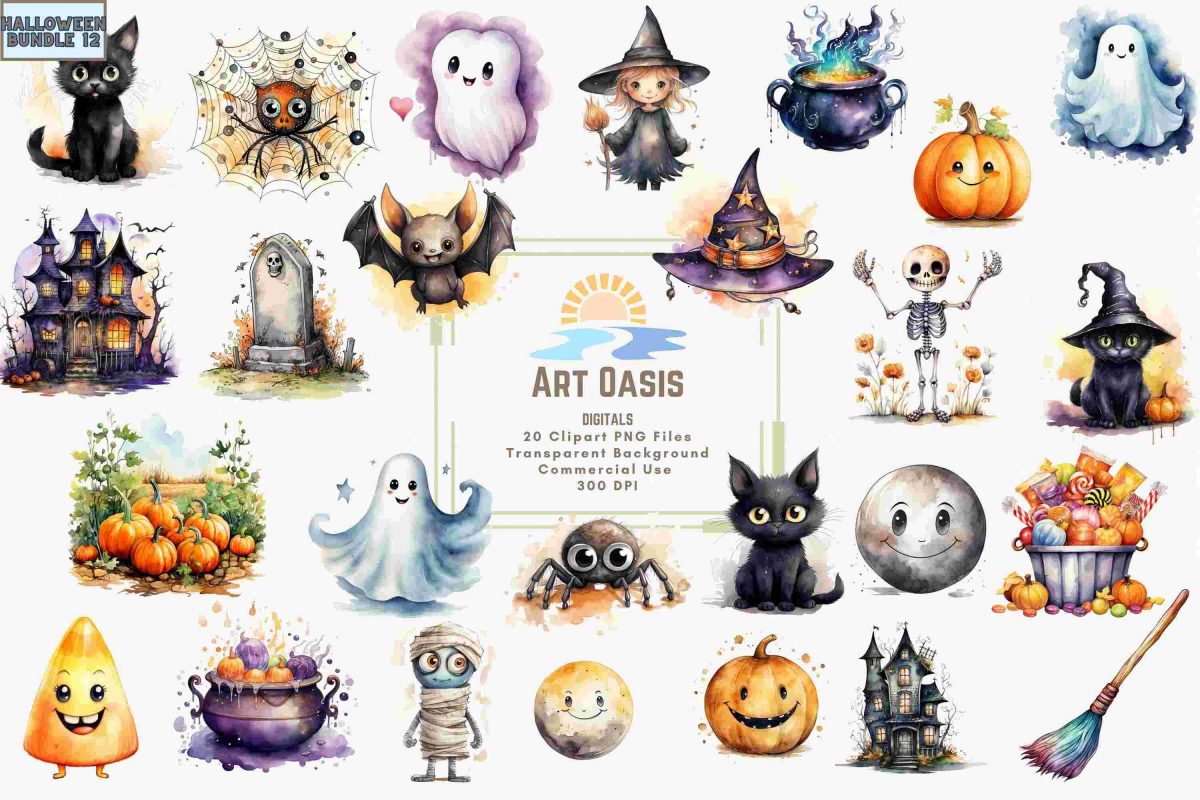 Spooky Halloween Ghost Bat Clipart 20 Watercolor Cute Cartoon Images