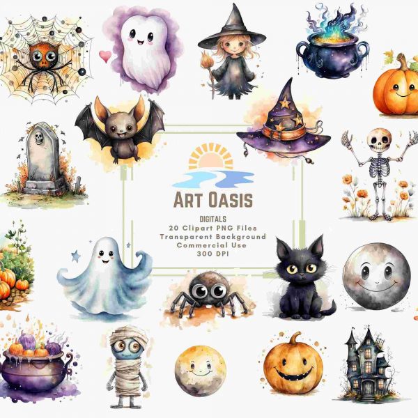 Spooky Halloween Ghost Bat Clipart 20 Watercolor Cute Cartoon Images