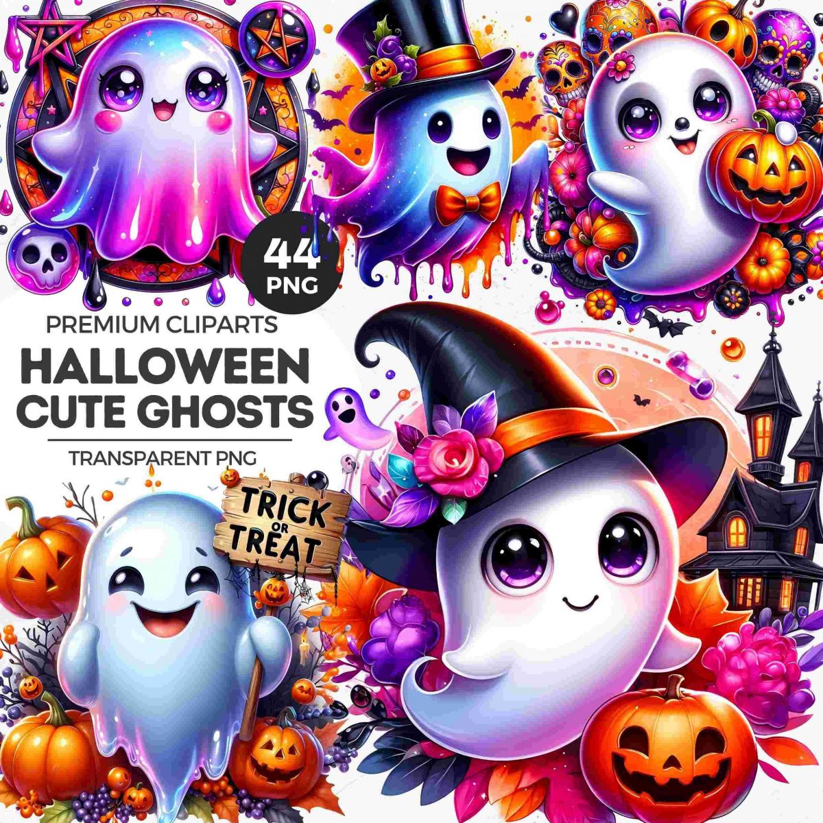 Spooky Halloween Ghost Clipart Collection Cute Ghost PNG Kids Digital