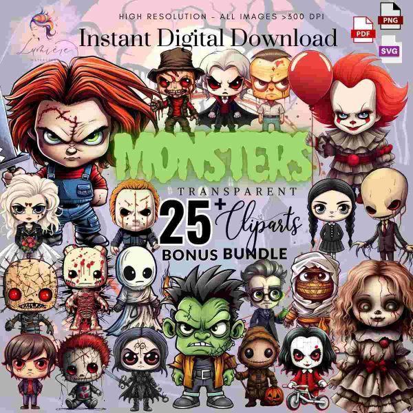 Spooky Halloween Movie Monsters ClipArt 26 Classic Characters in High