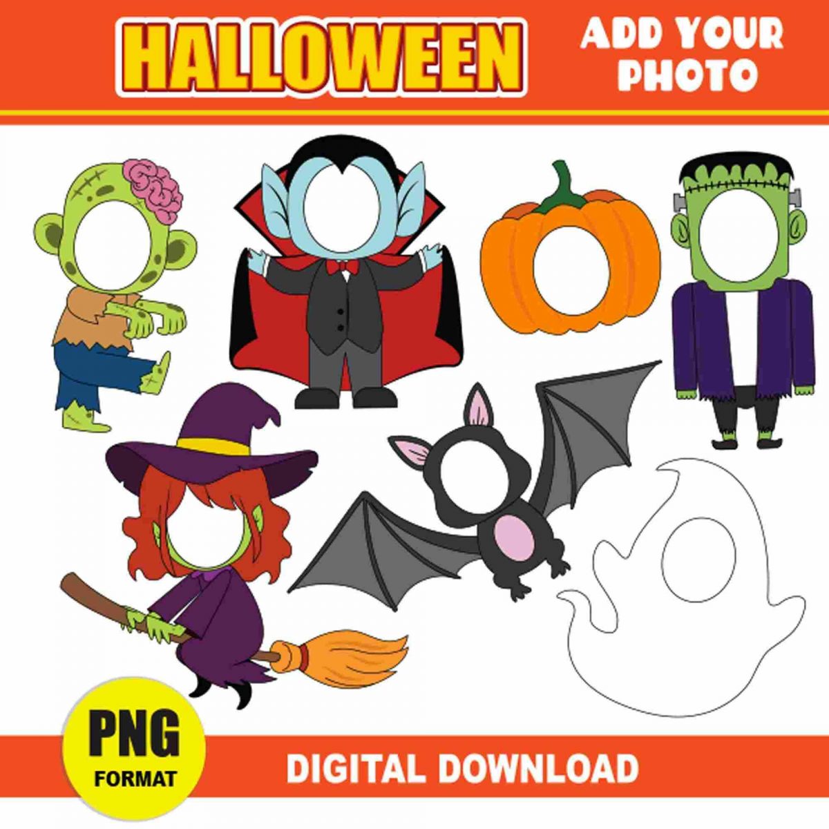 Spooky Halloween Photo Bundle Vampire Witch Zombie Ghost Bat PNG