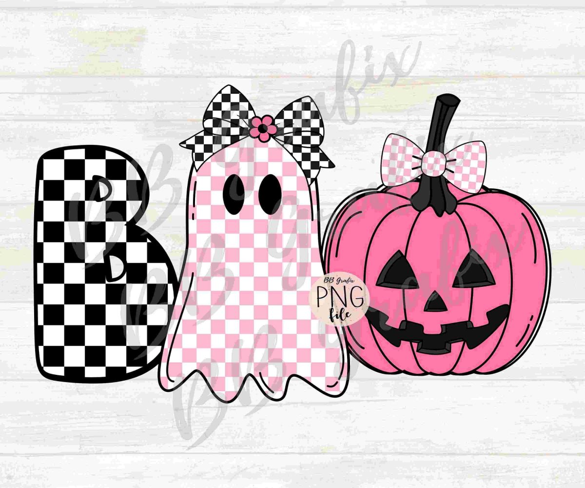 Spooky Halloween Pumpkin Ghost SVG PNG Retro Checker Daisy Design