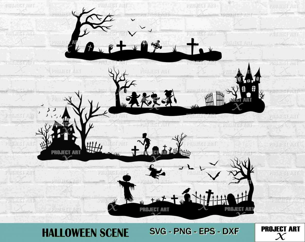 Spooky Halloween Svg Decor Graveyard Haunted House Pumpkin Silhouette