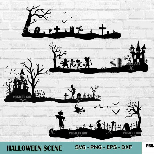 Spooky Halloween Svg Decor Graveyard Haunted House Pumpkin Silhouette