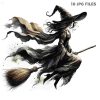 Spooky Halloween Witch on Broom SVG PNG Bundle Watercolor Clipart