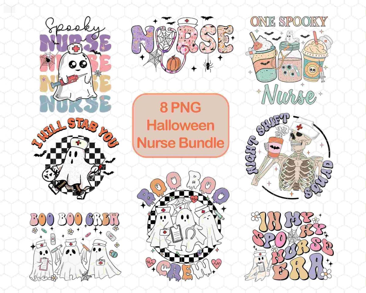 Spooky Nurse Bundle 8 Retro Halloween PNGs Boo Boo Crew.