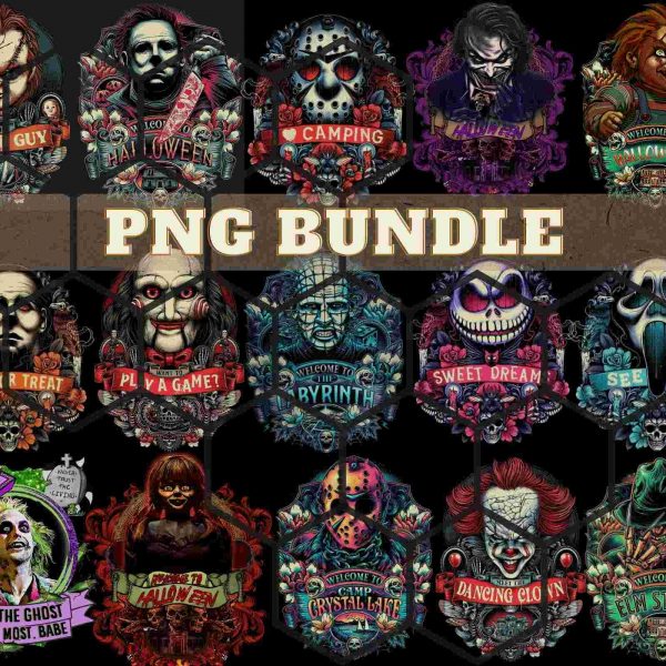 Spooky Season 15 Halloween Horror Characters PNG Bundle for