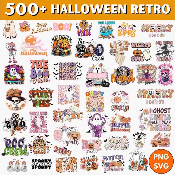 Spooky Season 500 Retro Halloween Png Bundle for Sublimation Designs