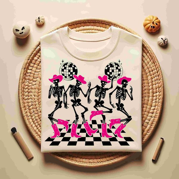 Spooky Season Cowgirl Skeletons Dance in Checkered Pink Western Style