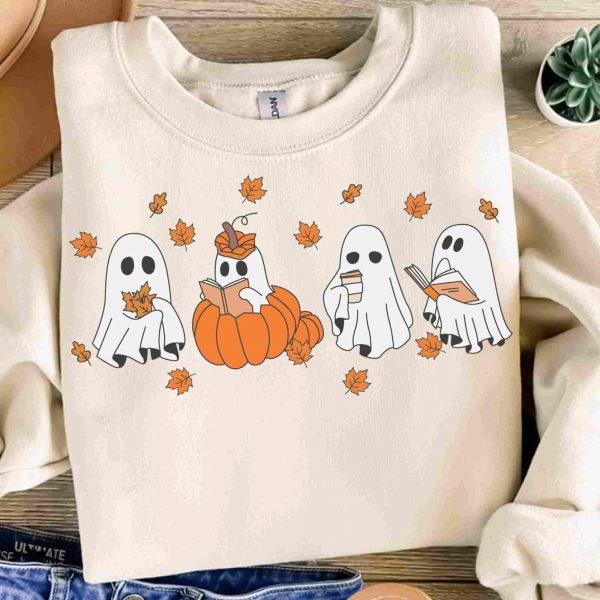 Spooky Season Ghost Reading Book Svg Halloween Vibes Autumn Leaves Svg