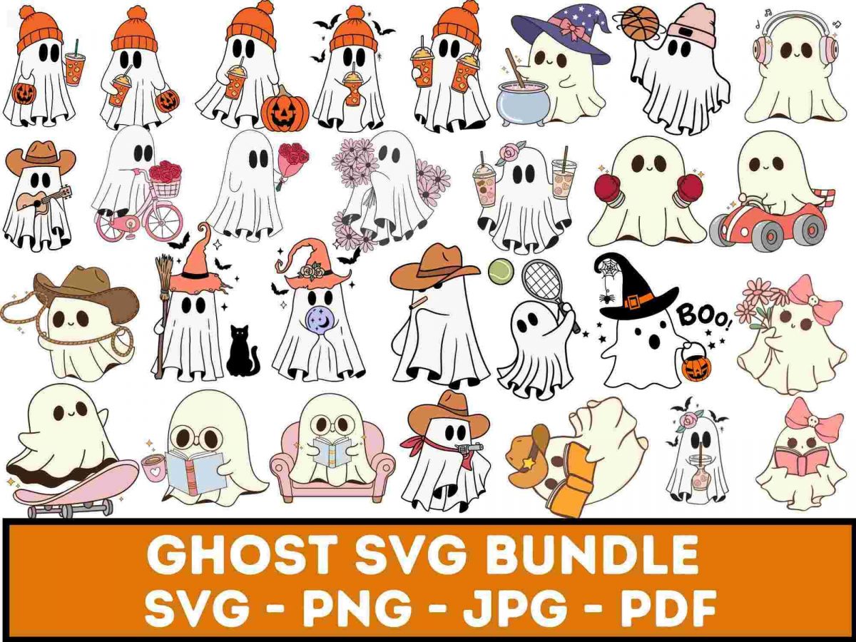 Spooky Season Retro Halloween svg Bundle Cute Ghost Reading Ghost Cat