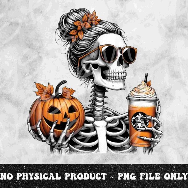 Spooky Season Skeleton with Pumpkin and Coffee Fall Decor SVG