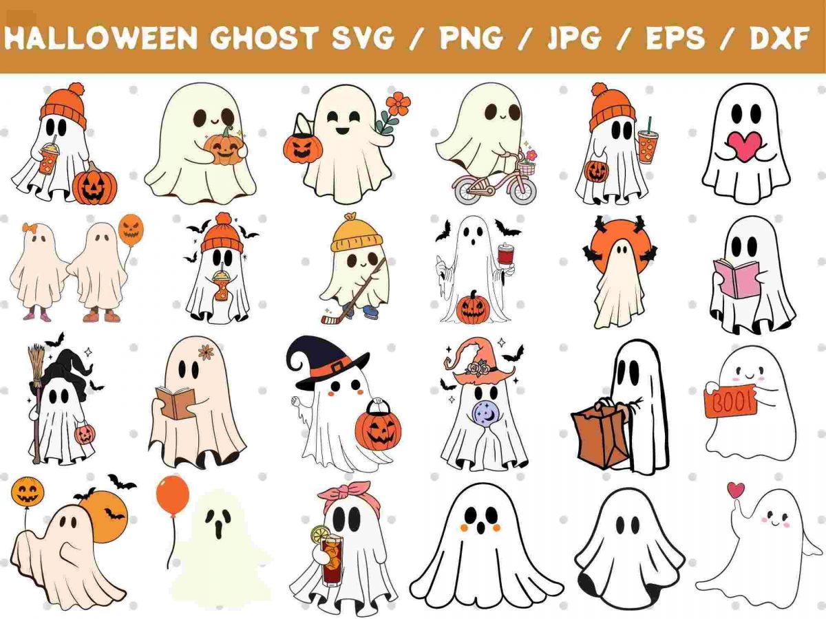 Spooky Season svg Bundle Cute Ghosts Retro Halloween Reading Ghosts