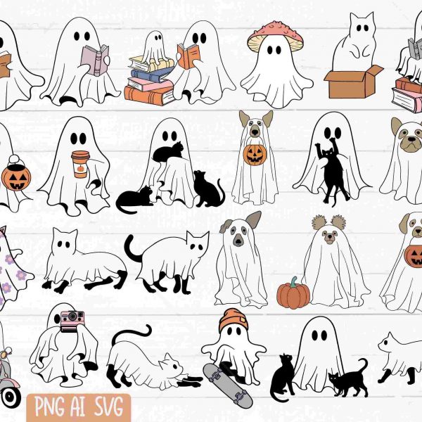 Spooky Season svg Bundle with Cute Ghosts Retro Halloween and Animal