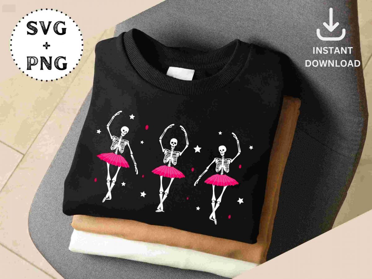 Spooky SVG PNG Trio of adorable skeleton ballerinas dance in pink