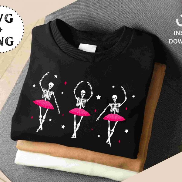 Spooky SVG PNG Trio of adorable skeleton ballerinas dance in pink