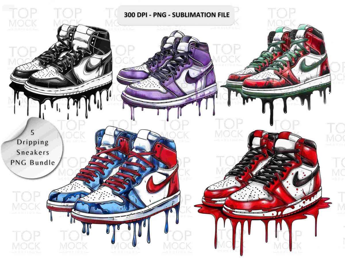 Stylish Dripping Sneakers Bundle PNG Sublimation Design Digital